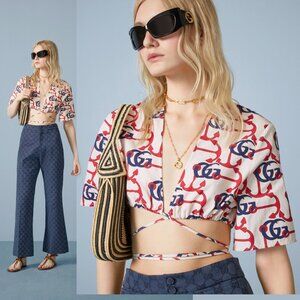 GUCCI TOP DOUBLE G LOGO ANCHOR PRINT IVORY RED BLUE COTTON SHORT SLEEVE 46 10 US